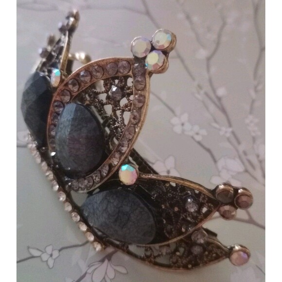 Large Jeweled Ornate Design Hair Clip Rhinestone Crown Black Bronze Elegant NIP - Picture 3 of 5